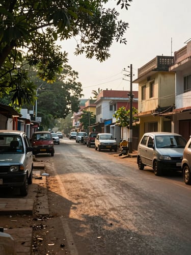 Wide street-level view of a residential neighborhood in Visakhapatnam, low-rise buildings lining a broad road, golden-hour sidelight casting long shadows, a few local vehicles parked, green tree canopy overhead, shot from the footpath looking down the corridor
