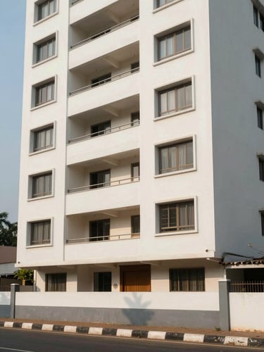Close-up architectural exterior of a mid-rise apartment building in Visakhapatnam, clean facade, natural daylight from the left, road frontage visible at base