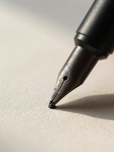 Extreme macro close-up of a textured matte black pen tip meeting heavy cream-colored paper, fresh ink drying on the page, soft morning window light casting quiet shadows.