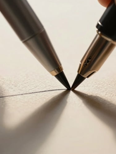 Extreme macro close-up of a sleek dark pen tip drawing a precise line on textured cream paper, soft warm morning light casting long shadows across the grain.
