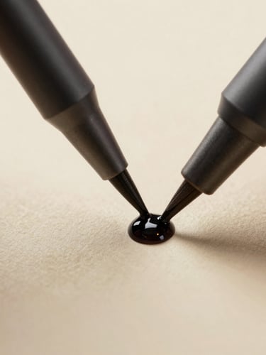 Extreme macro close-up of a matte charcoal pen tip touching textured cream paper, a single drop of ink drying under warm desk lamp light, casting a soft shadow.