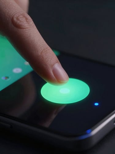 Extreme close-up of a thumb interacting with a highly fluid, responsive touch target on a premium Android device, moody low-key lighting, soft green and blue ambient glows.