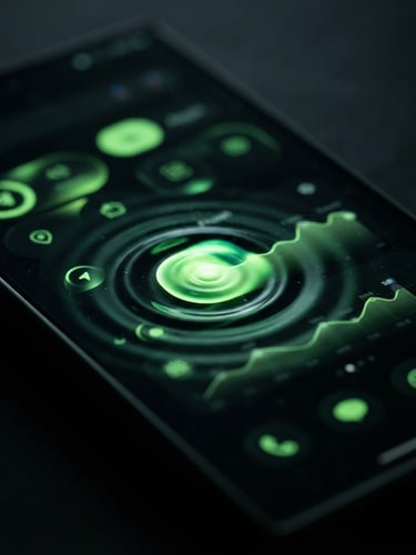 Macro shot of a high-end Android flagship screen displaying fluid, dark-mode user interface elements with vibrant green Material You accent glows, low-key studio lighting, shallow depth of field.