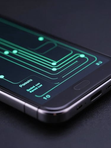 Macro studio shot of a high-end Android device displaying a technical layout wireframe, glowing green lines reflecting off the curved glass edges, low-key lighting, dark charcoal background