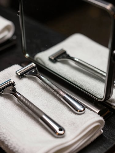 Extreme close-up of a barber station mirror reflecting razor tools and folded white towels, tungsten overhead light casting sharp shadows on polished chrome, moody and precise, shot like a commercial still