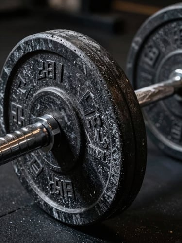 Extreme close-up of a chalk-dusted barbell knurl and iron plates in a dark gym, tungsten rim light catching the texture of the metal, deep shadow behind, no people — commercial still detail shot