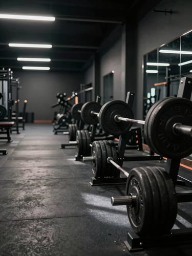 Wide cinematic interior of a dark strength-training gym, heavy iron barbells racked in the foreground right, dramatic tungsten overhead lighting casting hard shadows across a polished concrete floor, empty space to the left, moody and deliberate atmosphere — still from a commercial shoot