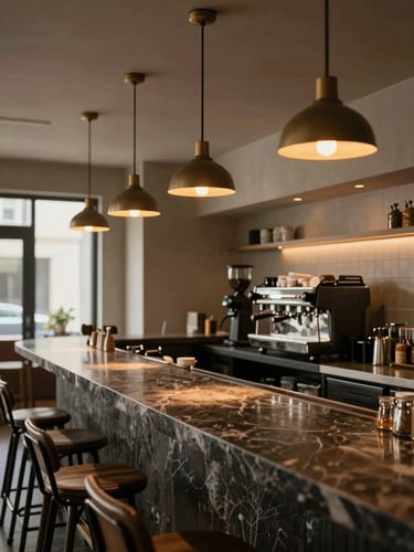 Wide portrait frame of Nova Café interior — low tungsten pendant lights casting amber pools on a dark marble bar top, empty stools in the foreground, espresso machine glinting in the background, no people, shot from a low angle that reveals the ceiling height and design intent of the space