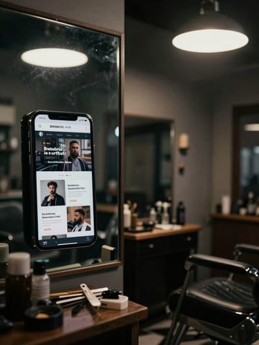 Split-frame cinematic composition — left half shows a dim cluttered barber shop website on a phone screen reflected in a mirror, right half shows the same space photographed cleanly with sharp tungsten overhead light, no text visible, dark moody tones