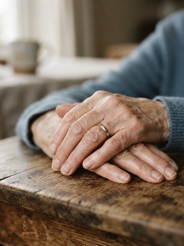 Close-up details of weathered hands resting gently on a wooden table, soft diffused daylight, shallow depth of field, 35mm