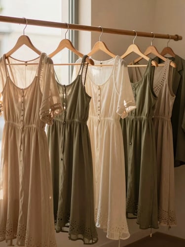 Medium-long shot of flowing boho dresses on a wooden rack in a warm showroom corner, soft golden-hour window light, beige and olive tones