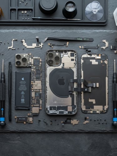 Overhead flat-lay of professional hand tools and a disassembled mobile phone chassis on a clean slate work surface, bright neutral daylight, macro lens.