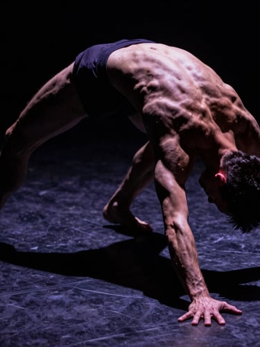 Cinematic editorial photography, dramatic chiaroscuro lighting, high-contrast shadow of a dancer's back in extreme muscular tension, deep charcoal tones, 35mm anamorphic lens