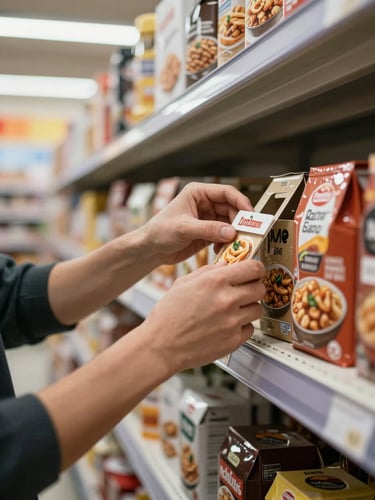 Close-up of a worker's hands carefully arranging branded food product display fixtures on a retail shelf inside a controlled distribution environment, bright even overhead lighting, organized shelf rows visible in the background, hands in focus mid-task