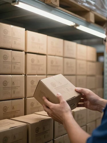 Close-up overhead study of an organized warehouse shelf system at a food distribution center, uniform product cartons stacked in precise rows under bright overhead fluorescent lighting, a worker's hands visible at lower-right adjusting a carton, clean and systematic arrangement conveying operational discipline