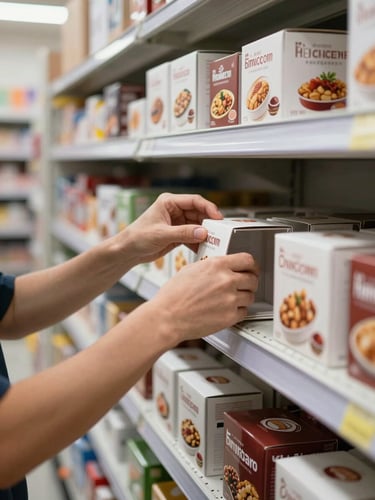 Close-up of trained staff hands methodically arranging branded food product display fixtures on a retail shelf inside a controlled distribution center — bright even overhead lighting, organized product rows, hands visible mid-task performing a precise setup action, no faces, purely operational detail
