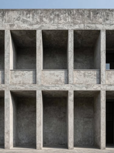 Straight-on elevation shot of a minimalist concrete building facade, sharp architectural shadows, cool daylight, emphasizing structural lines.