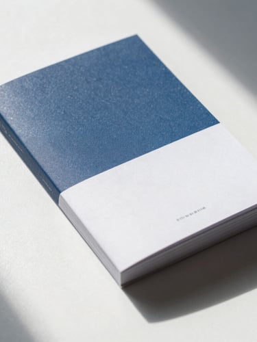 Straight-on elevation shot of a printed brand manual on heavy cardstock, casting a sharp, cool-toned shadow on a crisp white surface.