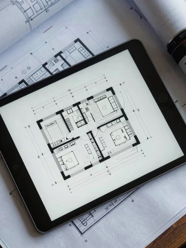 Top-down flat-lay of architectural blueprints paired with a tablet displaying a structural layout, cool daylight.