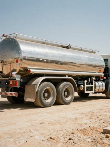 Low-angle heroic shot of a heavy-duty chrome and steel fuel tanker parked on a dusty construction site in Abu Dhabi, harsh high-contrast desert sunlight casting long shadows, 35mm.