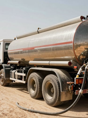 Low-angle heroic shot of a heavy-duty fuel tanker truck parked at an active construction site in Abu Dhabi, steel valves and fueling hoses connected to a large industrial generator, harsh high-contrast desert sunlight, metallic steel and amber tones, gritty industrial photography, 35mm