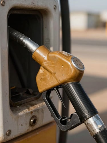 Close-up macro shot of a heavy steel fueling nozzle dispensing diesel, metallic steel and amber tones, sharp focus, 35mm
