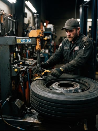 Close-up of a mechanic operating a heavy-duty tire fitting machine, deep charcoal tones and sharp safety yellow highlights, 35mm lens