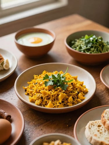 Overhead flat-lay of traditional Indian breakfast plates on textured earthy ceramic tableware, warm morning window light, shallow depth of field, 35mm