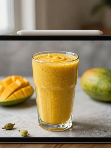 A vertical portrait of a modern digital cookbook on a tablet screen, displaying a vibrant cardamom-infused mango smoothie in a textured ceramic glass, soft directional morning light, 35mm