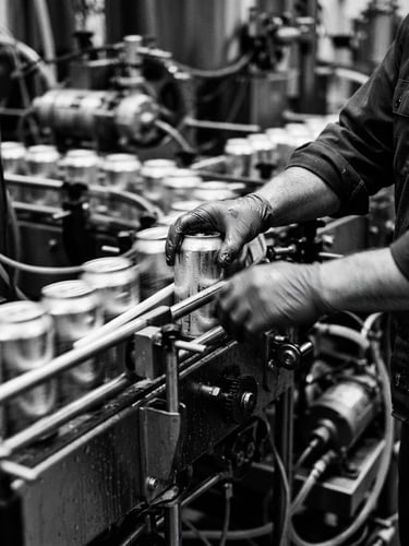 Dramatic black-and-white close-up of hands inspecting a high-speed canning line, cool metallic tones, shallow depth of field, 35mm