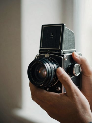 Close-up of photographer's hands holding a vintage medium-format camera, soft window light, high contrast, muted earth tones, 35mm grain