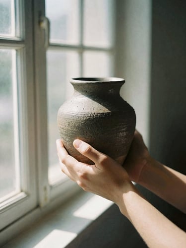 Tight off-center crop of a person's hands holding a rough ceramic vessel, soft directional north-facing window light, high contrast, muted tones.
