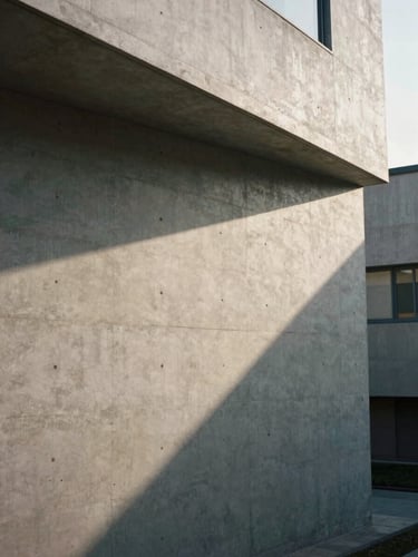 Architectural detail of a minimalist concrete building facade, sharp diagonal shadows from harsh sunlight, quiet spatial composition, editorial film photography style.