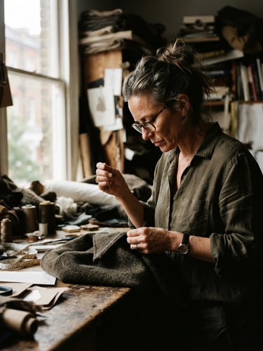 High-contrast environmental portrait of a designer in their studio, tight off-center crop, dramatic directional light from a north-facing window, muted earth tones, 35mm film grain.
