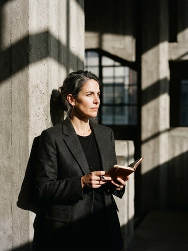 Tight environmental portrait of a creative director in a concrete architectural space, harsh direct sunlight casting deep geometric shadows, muted earth tones, editorial film grain