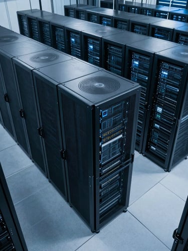 High-angle shot of massive server racks in a tier-4 data center, cool blue and slate tones, sharp architectural lighting, dramatic shadows