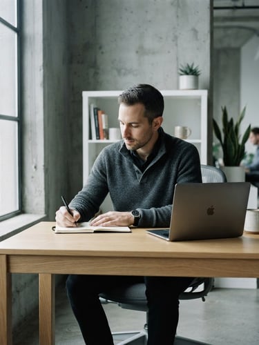 Candid environmental portrait of a man in a minimalist office, diffused natural daylight, desaturated cool tones, 35mm lens, high contrast.