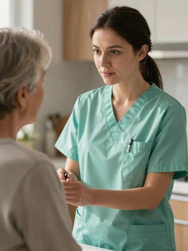 A medium close-up of a clinical nurse in soft green scrubs gently explaining a care plan to an elderly woman in a sunlit kitchen, warm natural light, shallow depth of field, authentic interaction.