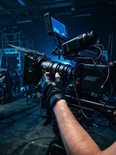 Low-angle cinematic close-up of hands adjusting a high-end cinema camera rig, vibrant electric blue gel lighting, dark industrial studio background.