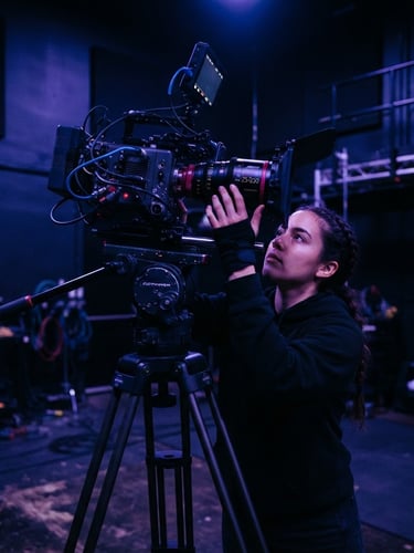Low-angle shot of a young filmmaker adjusting a high-end cinema camera under dramatic blue and purple gel lighting in a dark modern studio