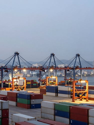 Wide-angle architectural view of the modern Hong Kong shipping port at dusk, clean industrial lighting, organized container stacks.