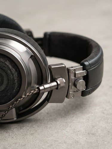 Crisp macro shot of high-end metallic headphones, clean studio lighting, sharp details, industrial design focus, 50mm.