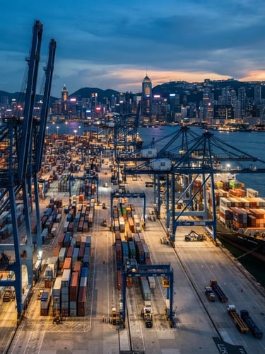 Crisp commercial photography of Hong Kong modern container terminal at dusk, sharp details, high-contrast modern editorial style, 50mm