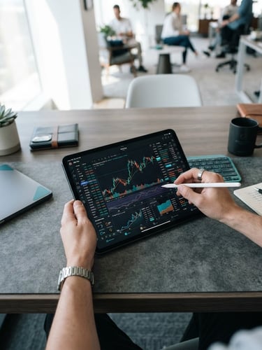 Overhead desk setup, hands analyzing financial charts on a tablet, bright natural office daylight, cool corporate tones with teal accents, modern editorial photography