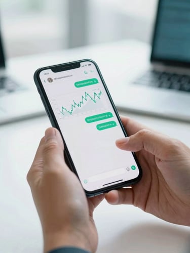Close-up of hands holding a smartphone, WhatsApp chat interface visible with financial charts, modern corporate desk background, subtle digital teal glow, bright natural light, cool corporate tones with teal accents, crisp focus.