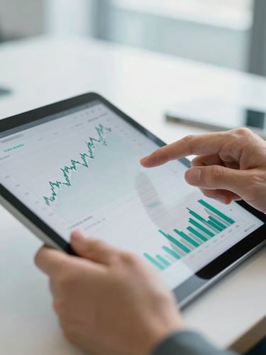 Close-up of hands analyzing financial charts on a tablet, bright natural office daylight, cool corporate tones with teal accents, modern editorial photography