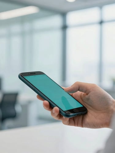 Close-up of a business owner's hand typing on a smartphone, with a blurred background of a modern office, bright natural light, cool corporate tones, digital teal accents