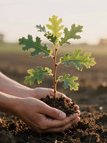 Close-up of hands holding a native California oak sapling, warm golden-hour sunlight, rich dark soil, 35mm film style