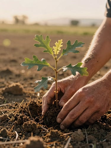 Close-up of weathered hands gently planting a young oak sapling in warm, sun-drenched California soil, golden-hour light, 35mm film style.