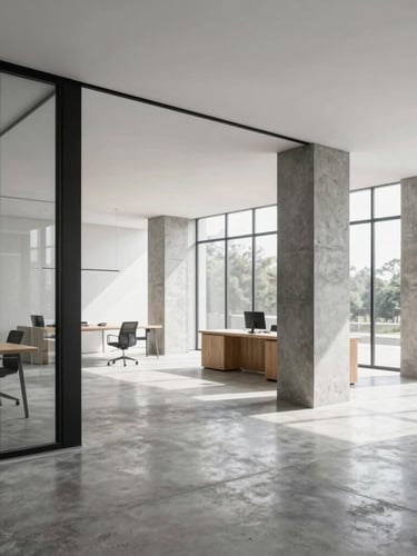 Architectural photography of a modern minimalist open-plan office with polished concrete floor, raw concrete pillars, abundant natural light, and matte black steel accents.